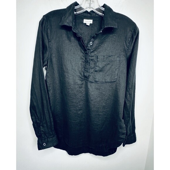 garnet Hill Black Linen Button Front Long Sleeve Tunic Shirt size small pocket - Picture 3 of 10